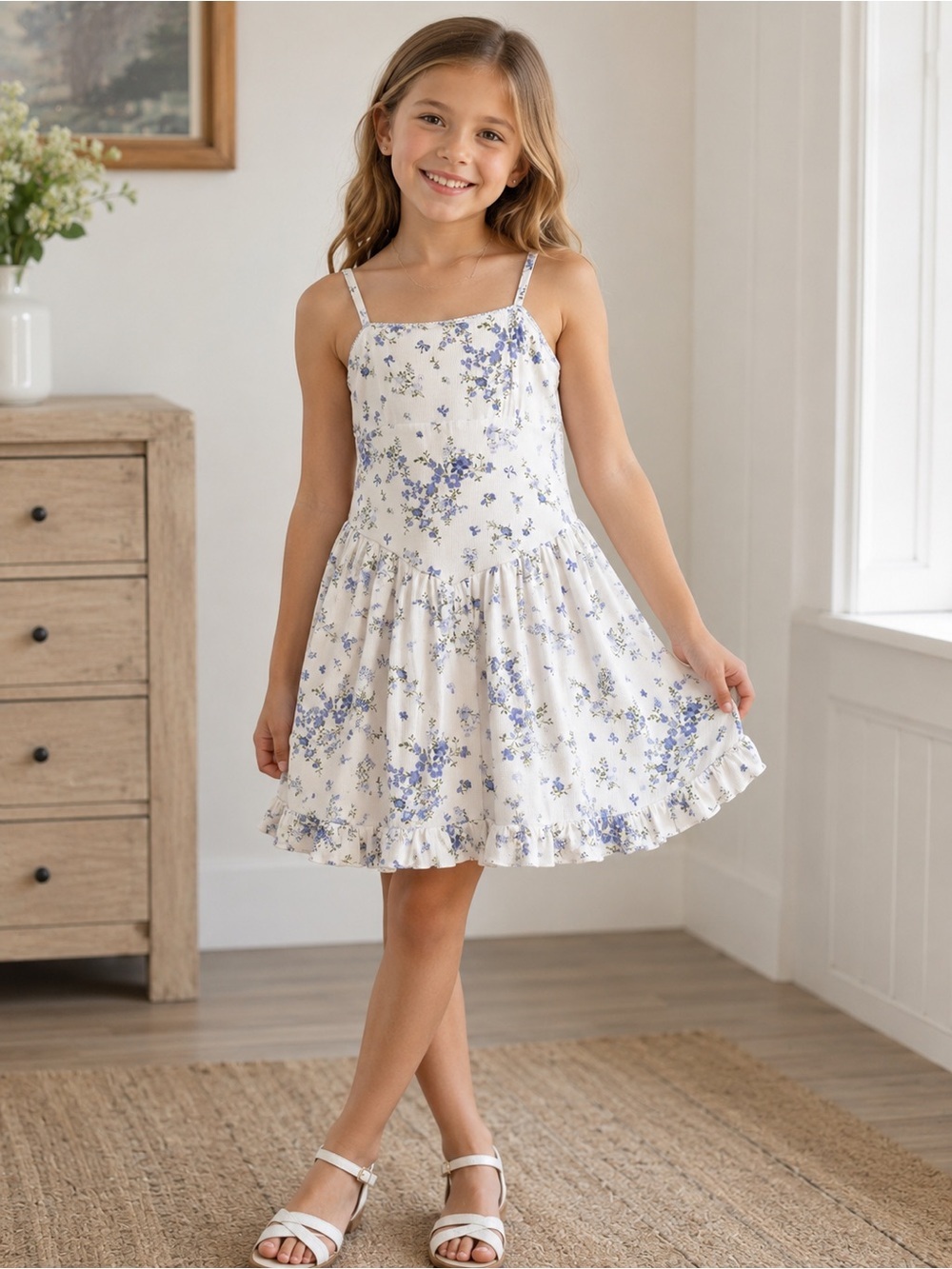 art class White & Blue Floral Sundress for Girls